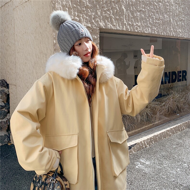 现货韩系鹅黄色大毛领派克服2C282-202P225K348,女装派克服,2C282
