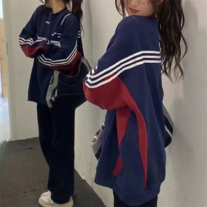 5232-P48华棉复合牛奶丝+银狐绒 圆领拼接长袖卫衣 加绒/薄款女图片
