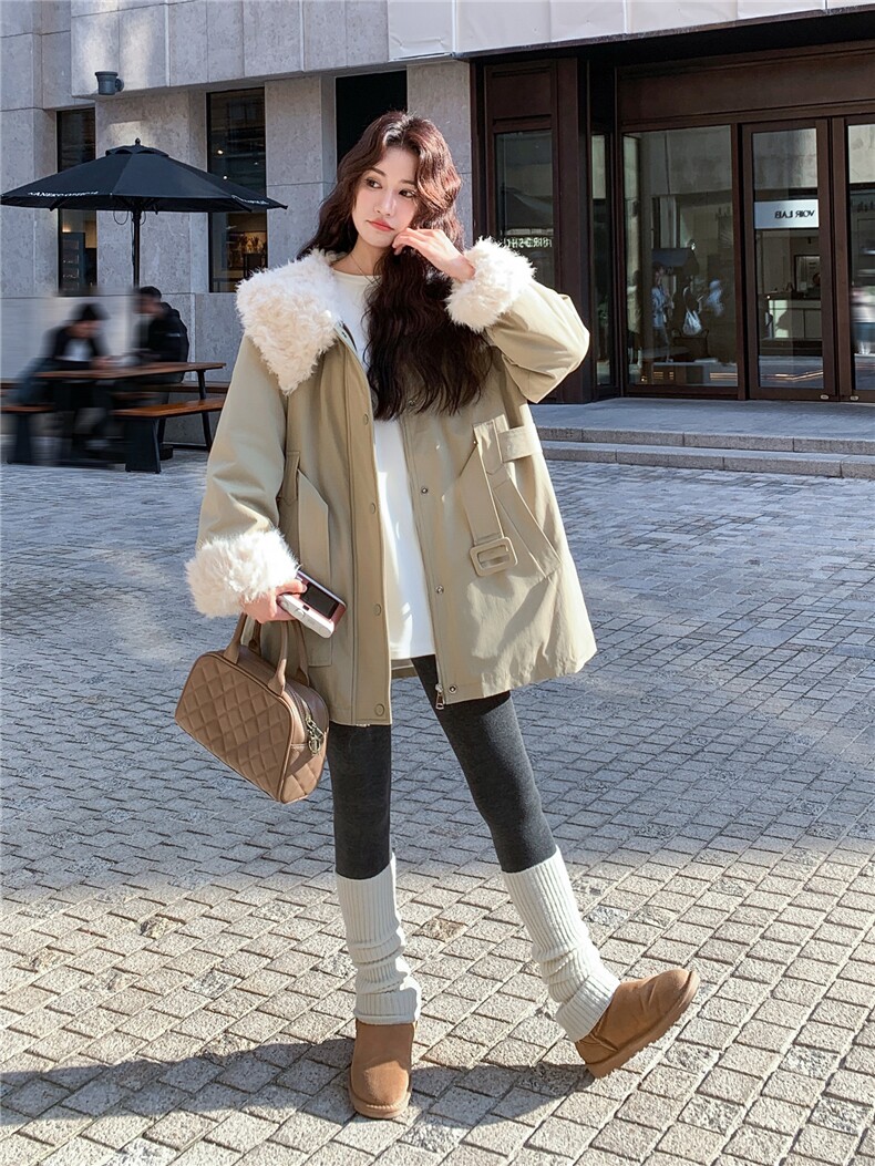羊羔毛领卡其色派克羽绒服女冬超火好看高级小众加绒加厚工装外套,女装羽绒服,2C219