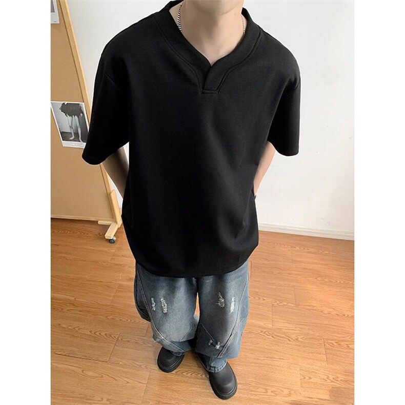 韩式亨利领短袖T恤男款夏季设计感V领设计感cleanfit宽松内搭上衣,男装T恤,星座410-7