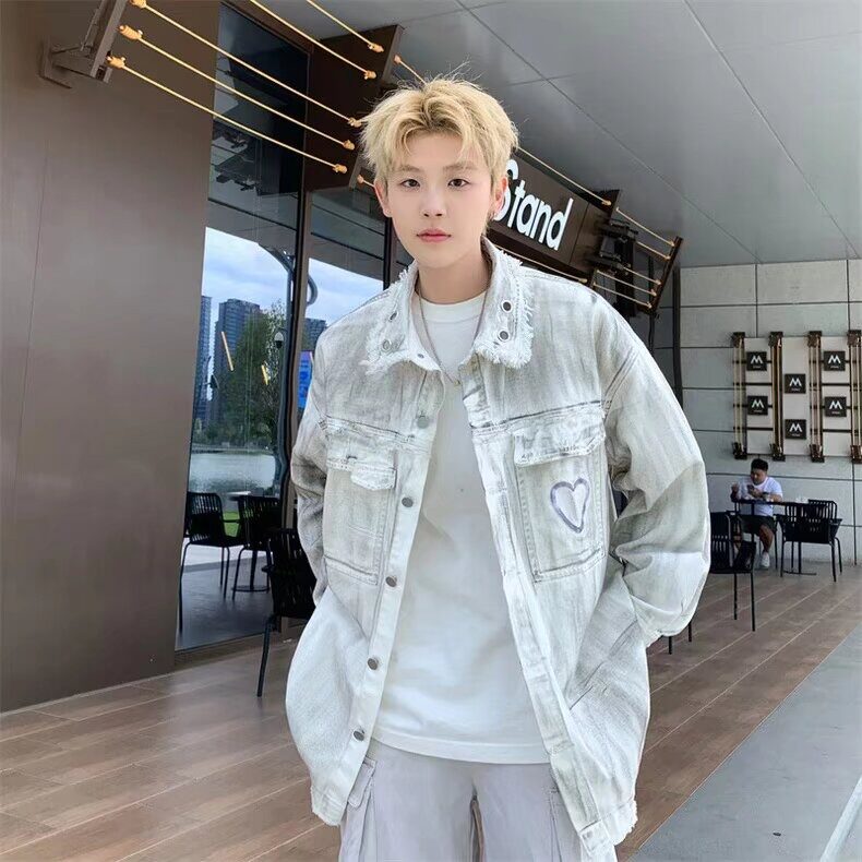 美式高街脏染做旧牛仔夹克男春秋季潮牌嘻哈宽松休闲情侣翻领外套,男装工装外套,星座1210-1