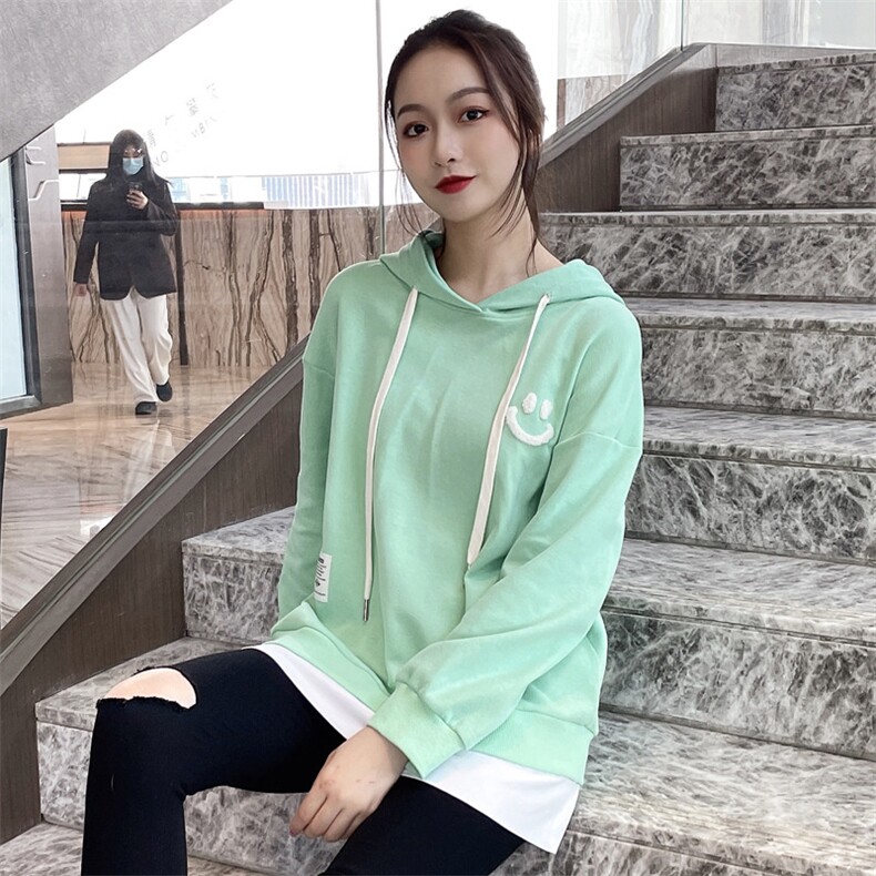 2021春季新款时尚假两件连帽卫衣宽松显瘦长袖上衣女,女装卫衣/绒衫,深水步