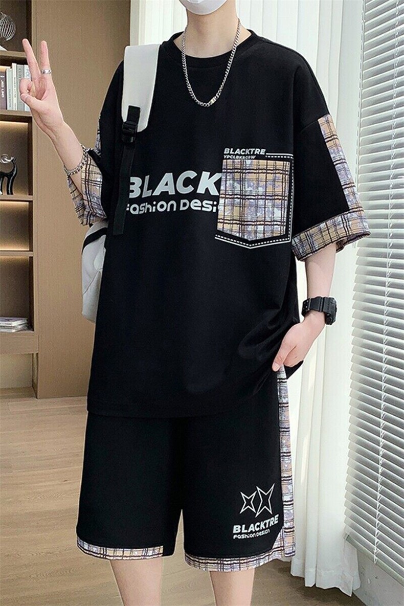 TZ25353-P55夏季休闲T恤短裤男两件套青少年学生运动短袖套装,男装牛仔裤,电商D310B