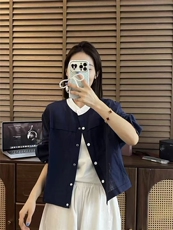 韩系文艺风撞色领子胸前口袋设计感开衫外套，女装短外套，湘姗