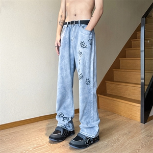 早春美式高街微喇叭vibe梵文牛仔裤嘻哈宽松百搭休闲裤男K606-P35图片