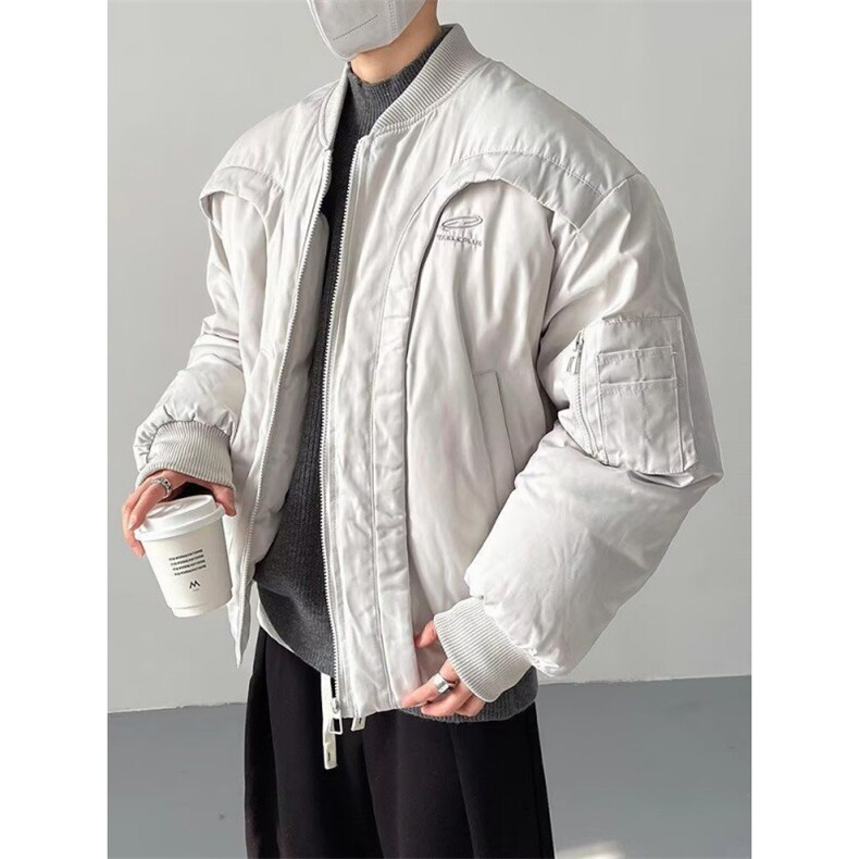 弧形飞行夹克棉服男美式高街cleanfit解构加厚保暖宽松棒球服外套，男装夹克，四季星座505