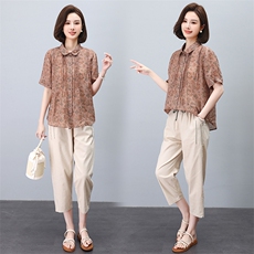 时尚印花高端上衣苎麻翻领衬衫女，女装衬衫，3200格调