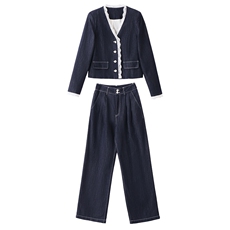 2025春季新款韩系高级感蕾丝拼接牛仔短外套高腰阔腿裤两件套装女，女装套装/套裙，伊仟回