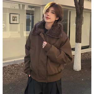翻领毛领截短宽松夹棉外套冬季女加厚飞行员夹克棉服  网B131-P93图片