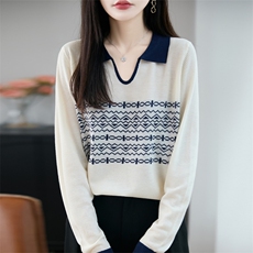 秋冬新款精纺针织衫毛衣女拼色POLO领提花上衣宽松长袖打底毛衫，女装羊毛衫，唐诺