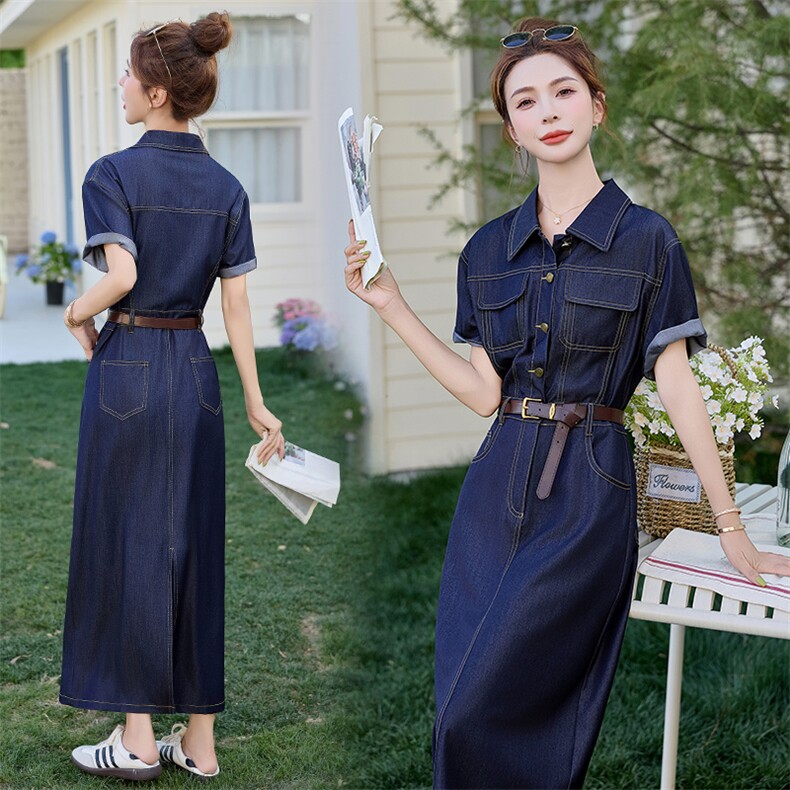 港风复古短袖牛仔连衣裙2025夏季新款女减龄收腰显瘦气质薄款长裙，女装连衣裙，印象茜