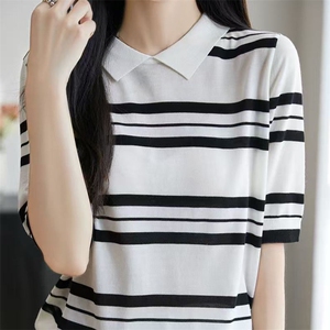 夏款莱赛尔天丝娃娃领条纹短袖女半袖T恤Polo翻领针织衫上衣图片