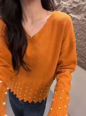 2025年秋季常规款通勤单件长袖V领珍珠套头，女装针织衫/毛衣，暖烁特种纱工厂店