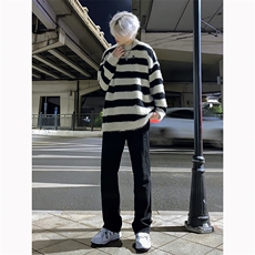 黑白条纹撞色海马毛毛衣男慵懒风毛茸茸的针织衫oversize情侣外套，男装休闲裤，电商B221