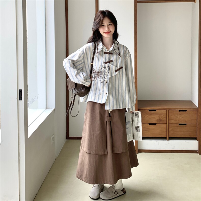 大货已出刺绣条纹衬衫+不规则半身裙套装5765-P185K268,女装套装/套裙,2C332