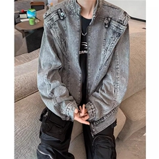 321-P71重工解构拼接设计垫肩牛仔长袖外套男女廓形拉链立领，女装短外套，电商B323A