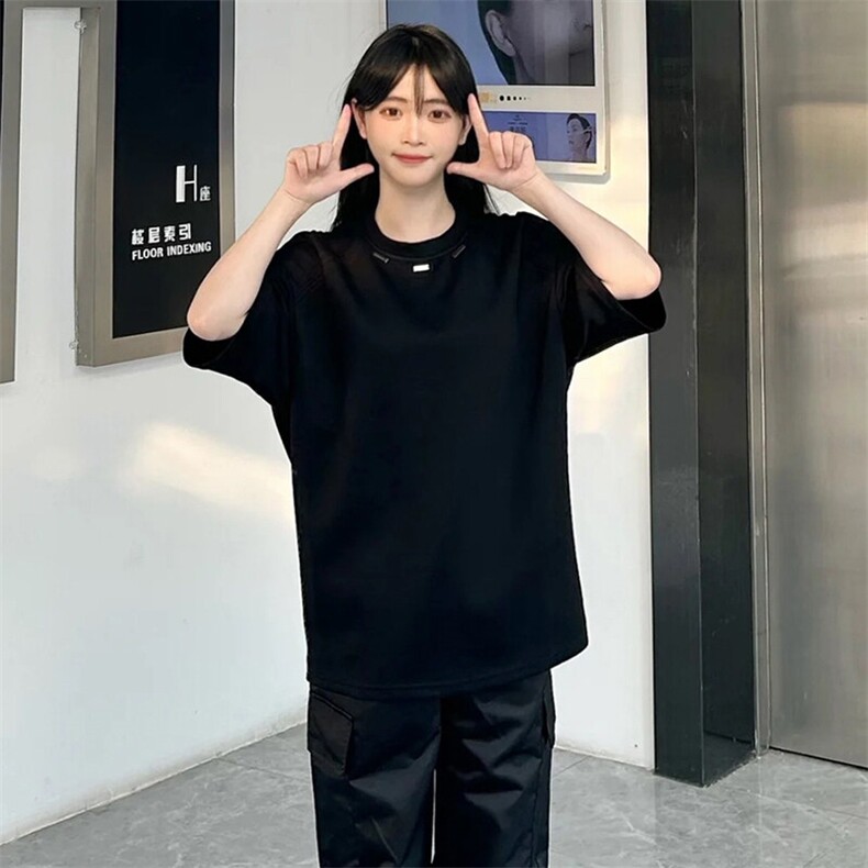 抖音得物品质二开240克宽松纯棉美式高街痞帅潮牌金属装饰短袖T恤,男装T恤,电商A486