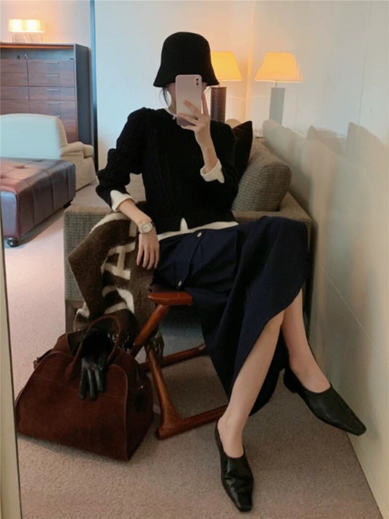 时尚百搭假两件麻花圆领仿羊毛针织衫显瘦修身长袖毛衣女秋冬新款,针织衫/毛衣,雪真羊绒