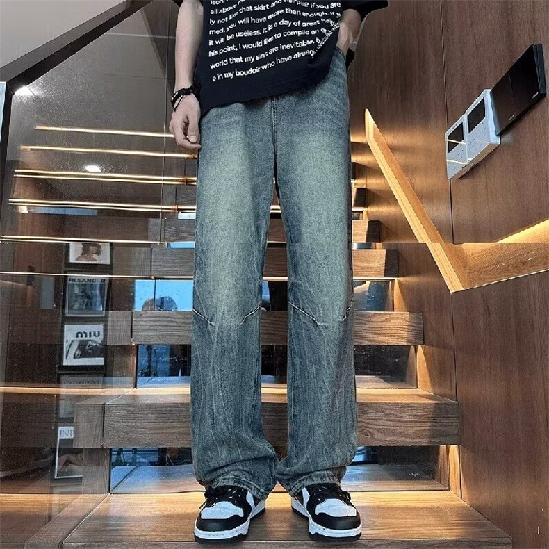 夏季美式复古ins高街竹节纹针缝牛仔裤男微喇裤宽松直筒痞帅长,男装牛仔裤,星座218-1（原230）