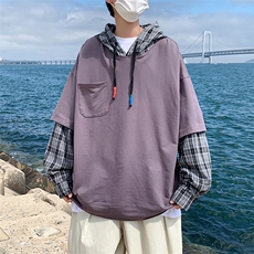原宿风春秋季港风男休闲连帽卫衣假两件格子外套男女潮W1547-P40，男装卫衣，星座512-2