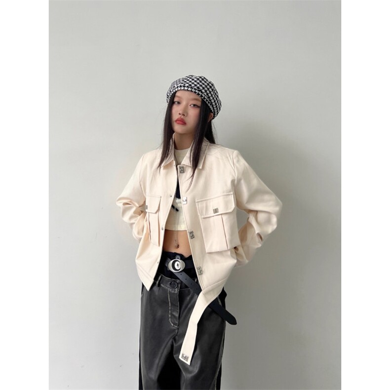 春秋休闲宽松慵懒小众设计感金属钮扣装饰大口袋短款夹克外套女,男装夹克,星座506A