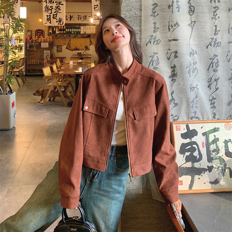 安可拉红麂皮绒立领外套女秋2025新款高级感美拉德小个子休闲夹克,女装短外套,浙宝212A
