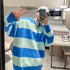 撞色毛衣男秋冬季设计感慵懒风针织外套保暖套头圆领线衣，男装针织衫/毛衣，星座716-2