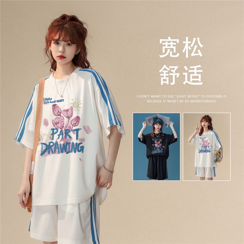 中性风  2023夏季花朵印花条纹休闲宽松运动套装TZ926 P65---控88图片
