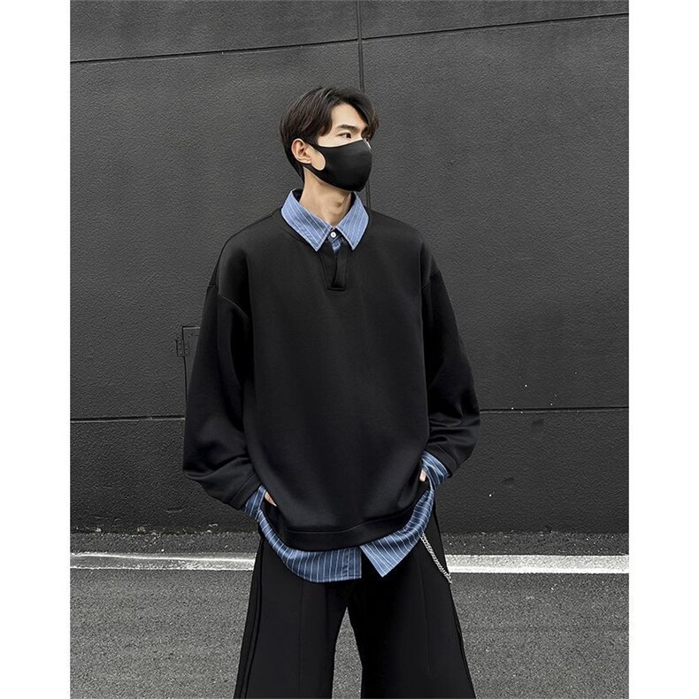 学生春秋日系宽松简约假两件衬衫套头长袖卫衣风上衣情侣装,男装衬衫,星座506A