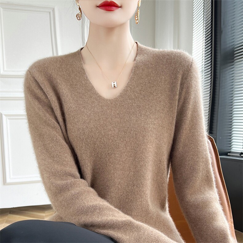 一线成衣100羊毛衫女秋冬宽松内搭显瘦毛衣加厚V领针织打底,女装羊毛衫,朝辰羊绒