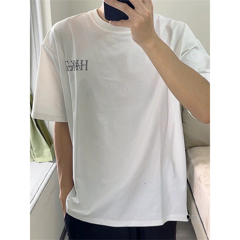 抖音得物供货现货美式潮美式满天星亮片潮牌宽松印花T恤AMTX02,男装T恤,电商A443