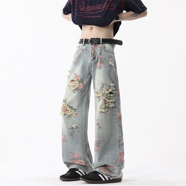 松弛感破洞牛仔裤男夏季薄款美式复古风花卉满印高级感显瘦直筒裤,男装牛仔裤,电商B221