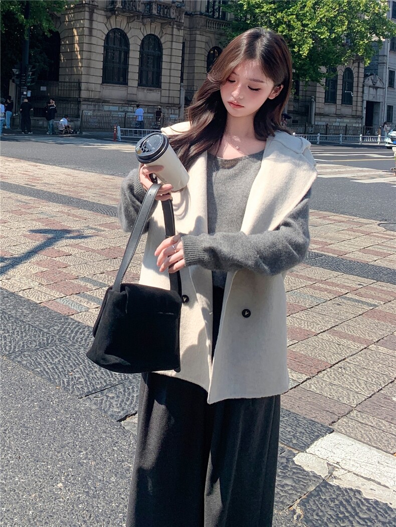 现货主推款双面羊毛呢百搭连帽女马甲毛呢外套,女装毛呢外套,SL