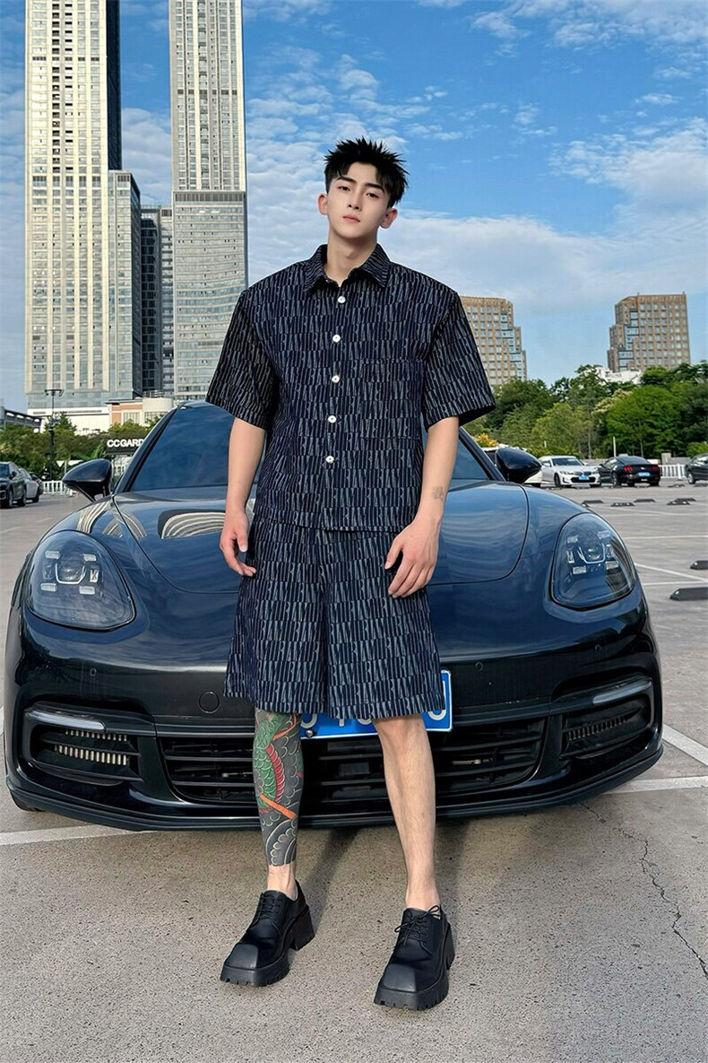 2025夏季韩系轻奢蓝色垫肩做旧牛仔男士提花短袖套装TZ01/P175,男装休闲套装,星座305B