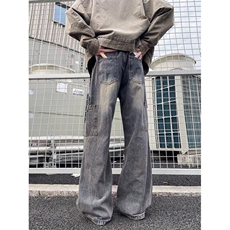 港风春夏款男牛仔裤工装大口袋渐变色褶皱宽松长裤nk1126P53，男装牛仔裤，星座1013-1