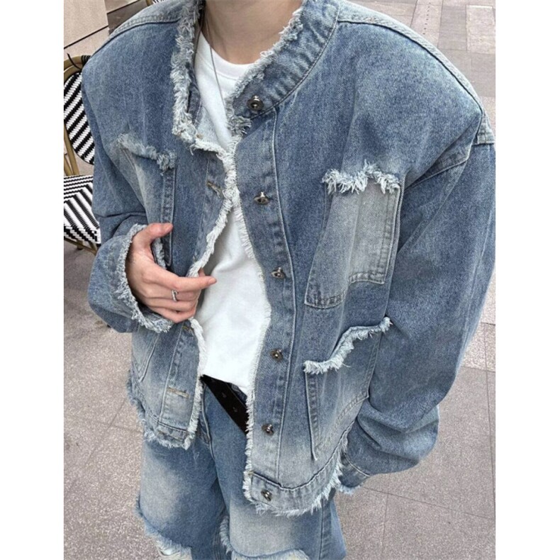 做旧毛边牛仔外套痞帅设计感男女复古水洗渐变宽松夹克上衣JK615，男装工装外套，星座516A