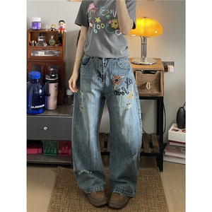 美式复古花卉刺绣弯刀牛仔裤女破洞设计感直筒裤小众裤子图片