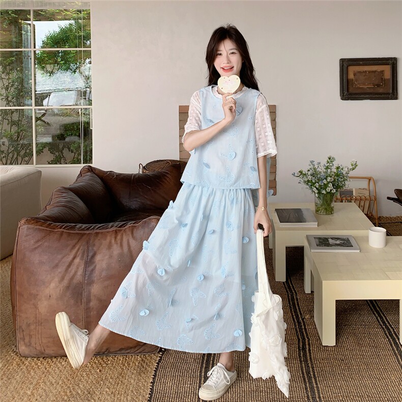 蓝色减龄三件套女2025年夏季新款立体蝴蝶绣花马甲蕾丝半身裙套装,女装套装/套裙,2C201