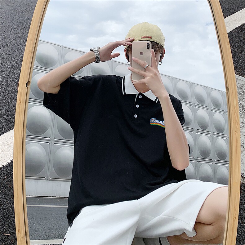 夏季韩版潮流宽松休闲POLO短袖港风翻领五分袖T恤PL6103P35控48,男装T恤,电商A268A