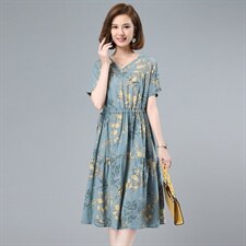 时尚韩版潮流小碎花褶皱中长款棉麻连衣裙2021夏季植物花卉印花潮，女装连衣裙，涵誉