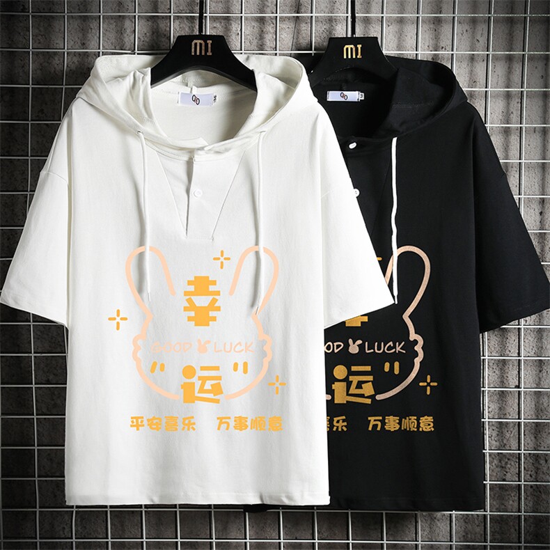 连帽短袖t恤男大码胖子带帽五分袖中袖网格挂拍LD54297-P45,男装T恤,电商A040A