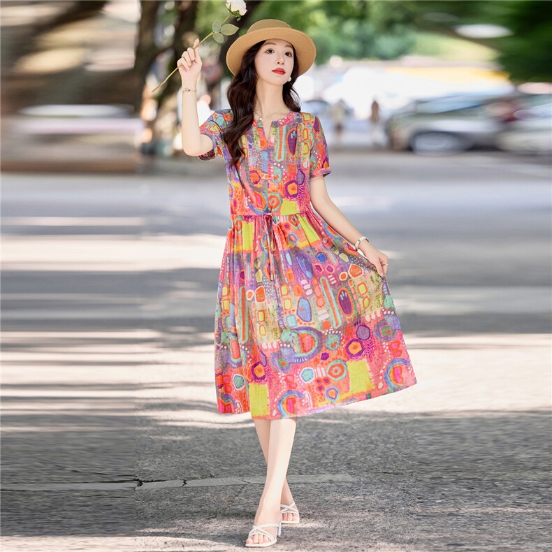 夏日多巴胺甜美印花棉麻连衣裙女2026新款收腰显瘦度假风气质长裙,女装连衣裙,倪叶myz