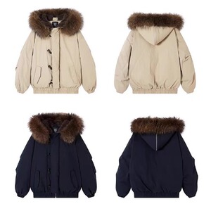牛津面料原版版型 连帽派克女冬季牛角扣大毛领棉服外套图片
