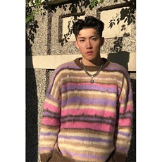 秋冬新款日系复古女休闲百搭彩虹撞色条纹圆领套头毛衣MK67，男装针织衫/毛衣，星座1116A（原606A-3）