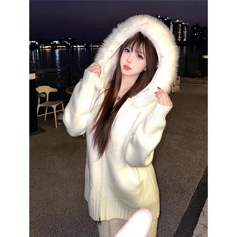 时尚连帽拉链针织外套女拼接毛领2025秋冬新款韩系慵懒风开衫,女装短外套,星座1210-1