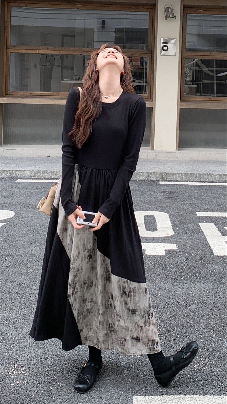 复古日系拼接长袖连衣裙女2025秋季高腰显瘦高级感减龄高腰连衣裙,女装连衣裙,2C258