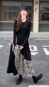 复古日系拼接长袖连衣裙女2025秋季高腰显瘦高级感减龄高腰连衣裙图片