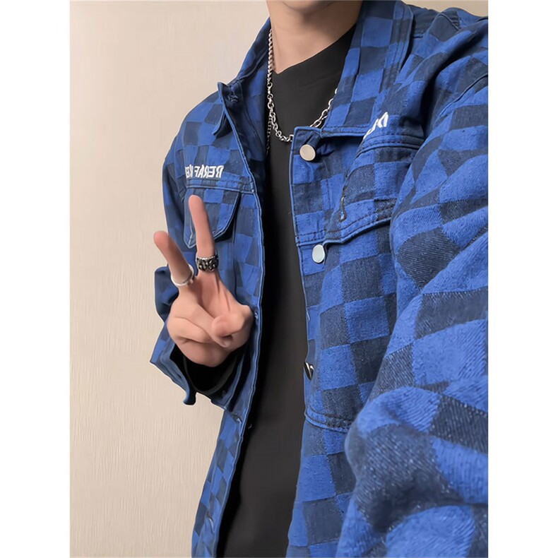棋盘格翻领牛仔夹克美式复古风男春秋宽松外套JA3710-特价P55,男装夹克,电商A007