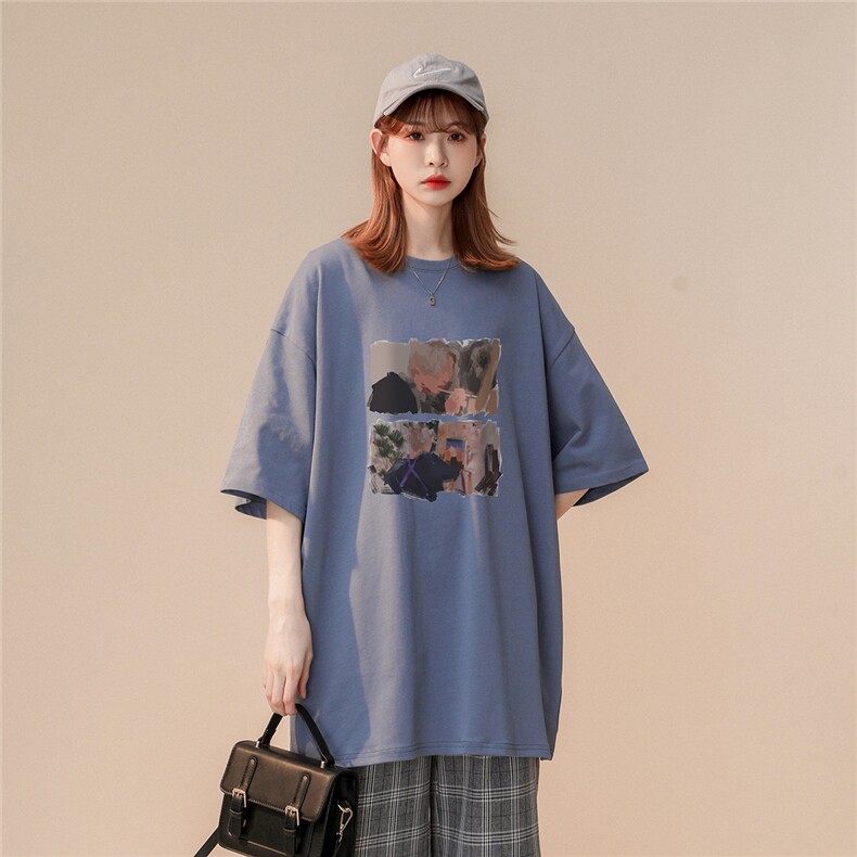 中性23夏季美式潮牌情侣文艺复兴油画小众慵懒风短袖T67P25控38,男装T恤,A247A