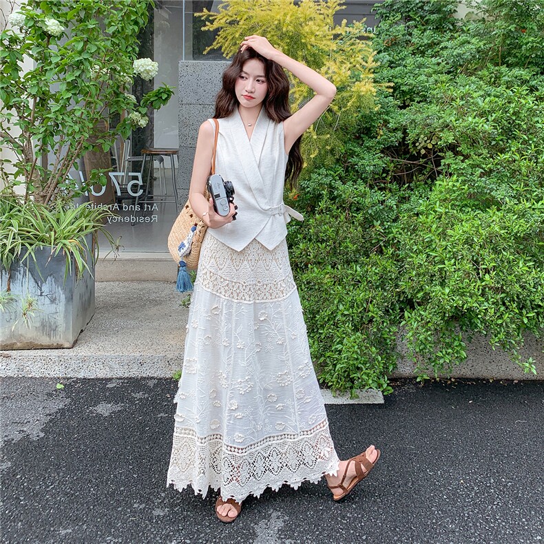 轻奢超好看套装裙女2026夏新款法式温柔V领马甲拼接半身裙两件套，女装套装/套裙，流量+